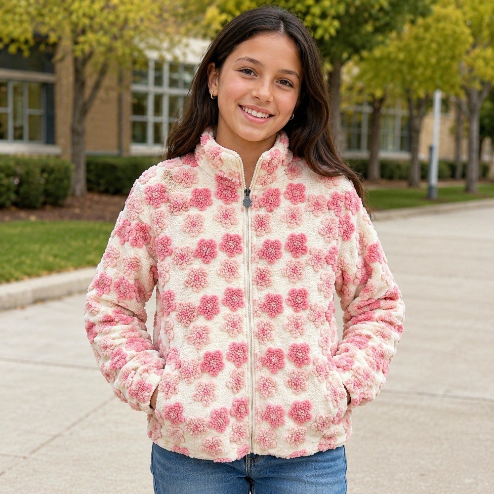 Lucky Brand Girls L 14/16 Pink Floral Faux Fur Fleece Full Zip Jacket